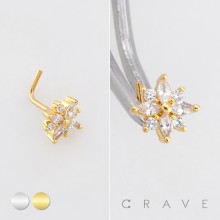 DIMENSIONAL FLORAL MULTI CZ CLUSTER POLISH 316L SURGICAL STEEL L-SHAPE NOSE RING